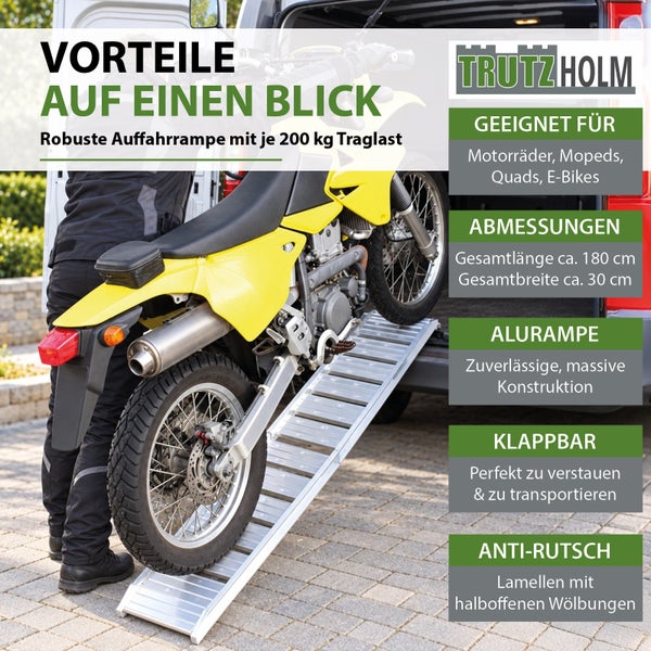 Trutzholm Aluminium Auffahrrampe klappbar für Motorräder bis 200 Kilogramm Traglast, 180 mal 30 Zentimeter mit Anti Rutsch Oberfläche