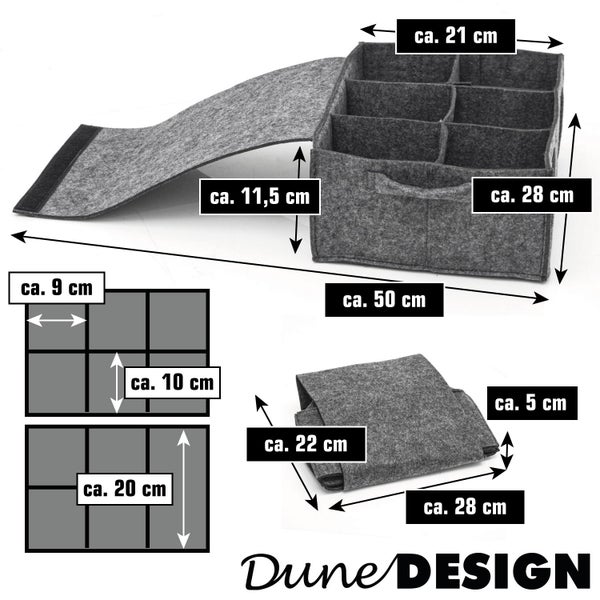 Filz Aufbewahrungsbox mit Deckel von DuneDesign mit Maßangaben für verschiedene Fächer und Außenmaße in gefaltetem sowie entfaltetem Zustand.