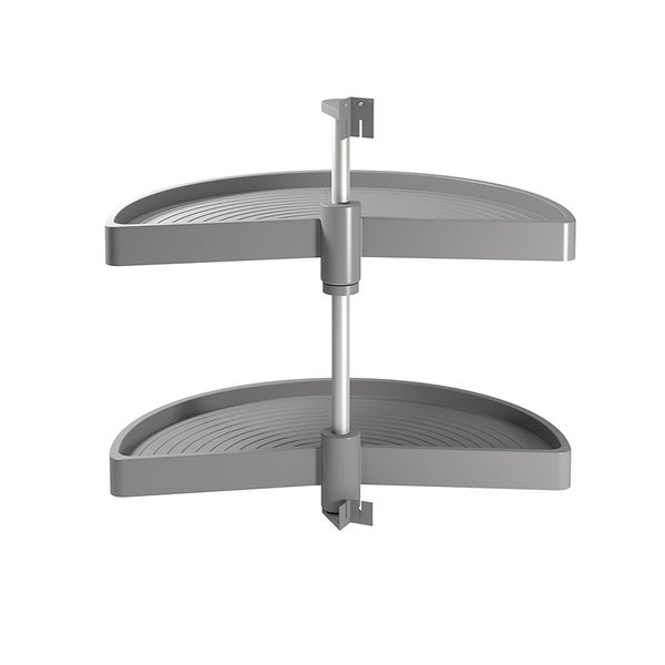Halbkreis-Eckschrank-Drehbeschlag mit zwei Böden aus Kunststoff und einer Metallstange für Küchenunterschränke.