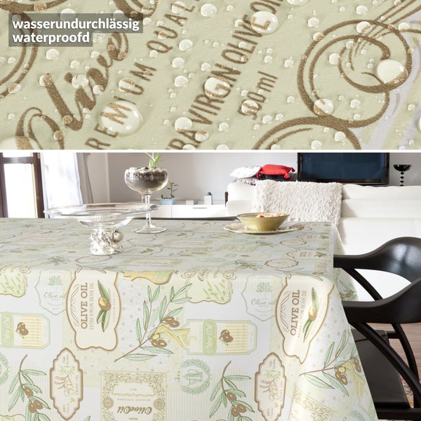 Wasserdichte Tischdecke mit Olivenöl-Design auf einem Tisch in einem Wohnzimmer
