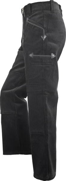 Schwarze Zunfthose aus Cord mit seitlichen Taschen und dreieckigen Lederverstärkungen.