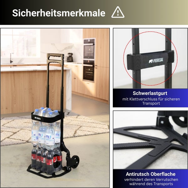 Sackkarre mit Schwerlastgurt und Klettverschluss sowie strukturierter Antirutsch Oberfläche für den sicheren Transport von Flaschen.