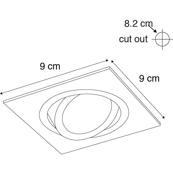 Maßzeichnung eines quadratischen Einbaustrahlers mit 9 Zentimeter Kantenlänge und einem runden Deckenausschnitt von 8,2 Zentimeter.