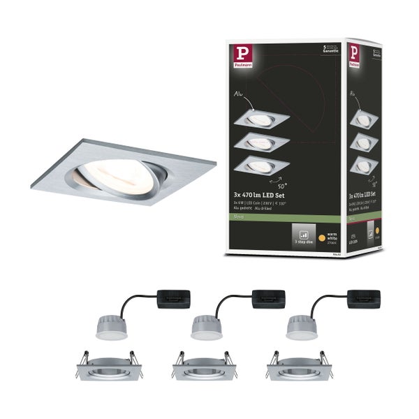 LED Einbauleuchte 3-Step-Dim Nova Coin Basisset schwenkbar eckig 84x84mm 50° Coin 3x6W 3x470lm 230V dimmbar 2700K Alu gedreht