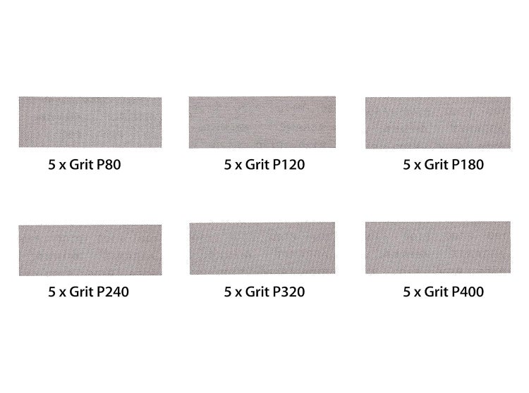 Mirka Abranet Netzschleifstreifen 70mm x 198mm Klett / Mix-Pack 5 von jeder Körnung 80, 120, 180, 240, 320, 400 / 30 Stk / zum Schleifen von Holz, Spachtel, Lack, Kunststoff