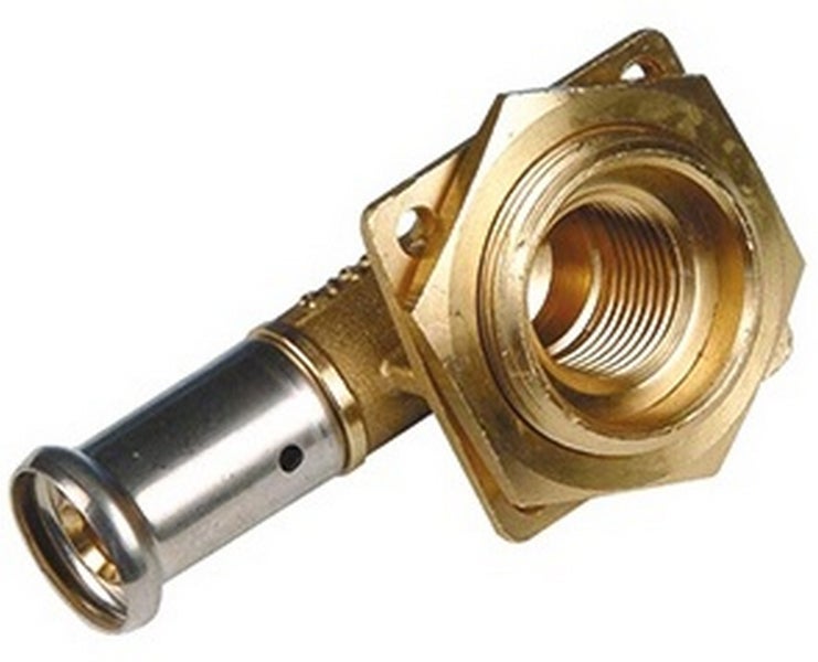 Press-Wandwinkel aus Messing mit Edelstahl-Presshülse und Innengewinde.