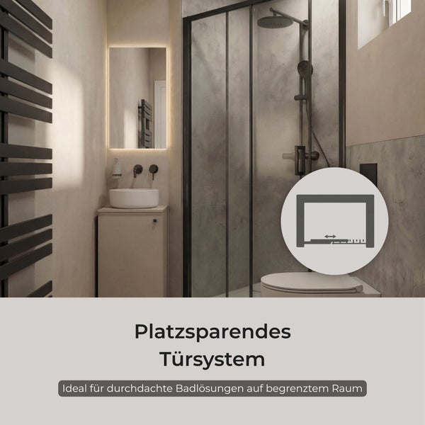 Modernes Badezimmer mit platzsparendem Türsystem für die Dusche, Waschtisch mit Aufsatzbecken, Spiegel mit Beleuchtung und schwarzen Armaturen.