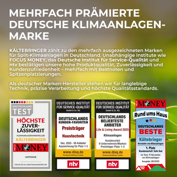Klimaanlagen-Marke Kältebringer mit Auszeichnungen von Focus Money, ntv und dem Deutschen Institut für Service-Qualität für Qualität und Service.