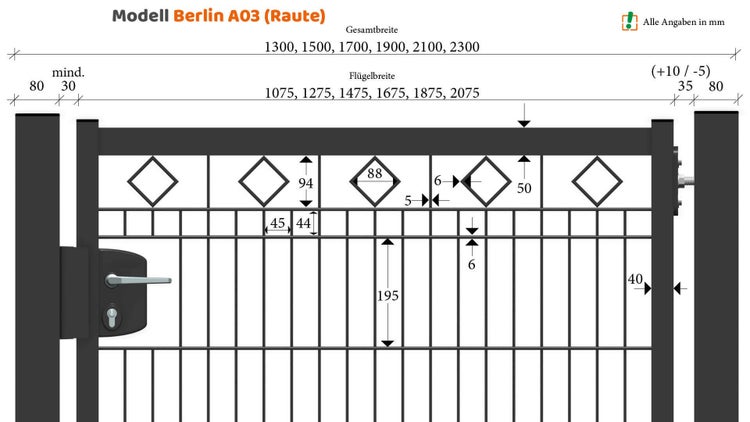 Technische Zeichnung Tor Modell Berlin A03 mit Rautenmuster und Maßangaben