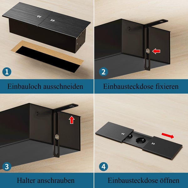 Vierteilige Anleitung zur Montage einer versenkbaren Tischsteckdose in eine Arbeitsplatte mit vier Schritten vom Ausschnitt bis zum Öffnen.