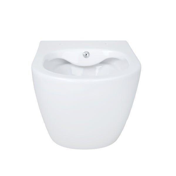 Wandhängendes Bidet aus weißer Keramik mit Überlauf.