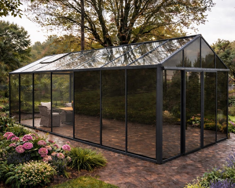 Modernes Gewächshaus aus Glas mit dunklem Metallrahmen auf einer gepflasterten Terrasse im Garten. Der Innenraum ist hell und geräumig.