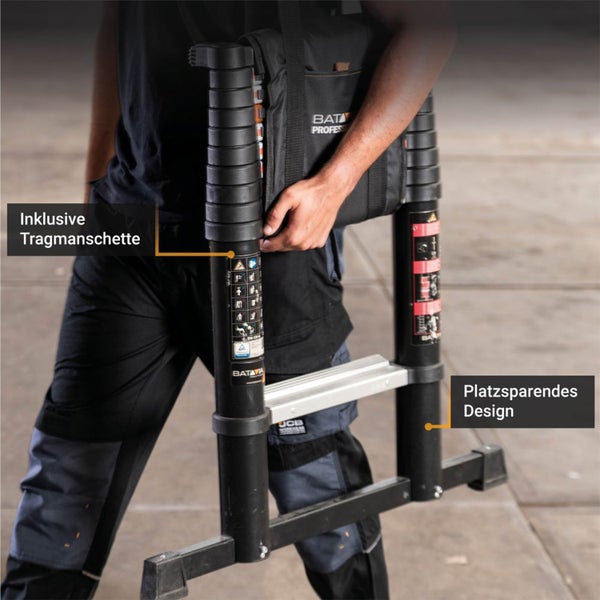 Batavia Teleskopleiter wird mit der inklusiven Tragmanschette im platzsparenden Design getragen.
