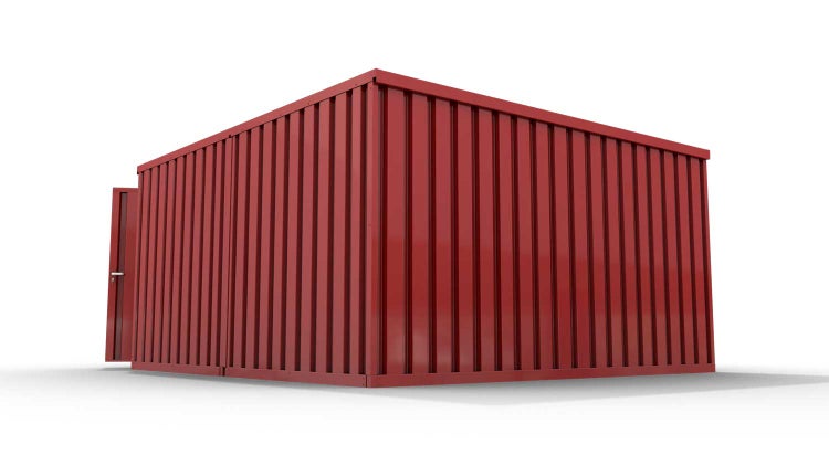 Lagercontainer Gerätehaus L2  – 16 qm, H2150 x B4050 x T4340 mm, Außenwandlackierung RAL 3000 feuerrot, Dach außen verzinkt, mit Holzfußboden, 1830 mm Doppelflügeltür mittig in Stirnseite, montiert