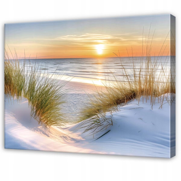 Wandbild mit Motiv von Stranddünen und Meer bei Sonnenuntergang als Leinwanddruck für die Wandgestaltung.