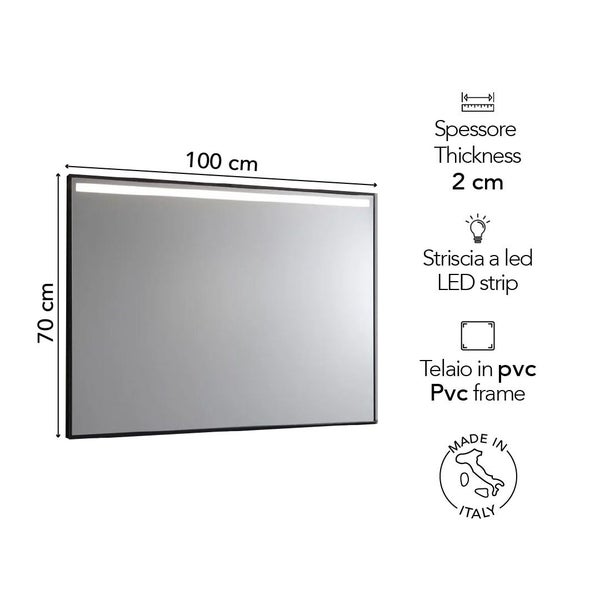 LED-Badezimmerspiegel mit PVC-Rahmen, 100 Zentimeter breit, 70 Zentimeter hoch, 2 Zentimeter tief, mit LED-Streifen, Hergestellt in Italien.