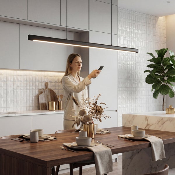 Schwarze LED-Pendelleuchte über hölzernem Esstisch in moderner Küche, gesteuert mit einer Fernbedienung.