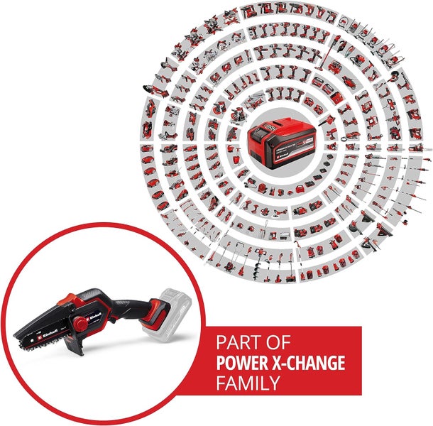 Einhell Akku-Mini-Kettensäge als Teil der Power X-Change Familie mit einer Übersicht kompatibler Werkzeuge und Gartengeräte.