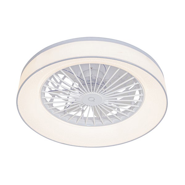 Deckenventilator mit LED-Beleuchtung, rund mit Stoffschirm und innenliegenden Rotorblättern.