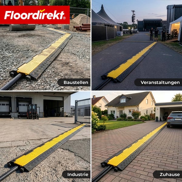 Kabelbrücke Floordirekt im Einsatz auf Baustellen, bei Veranstaltungen, in der Industrie und zu Hause. Floordirekt Logo.