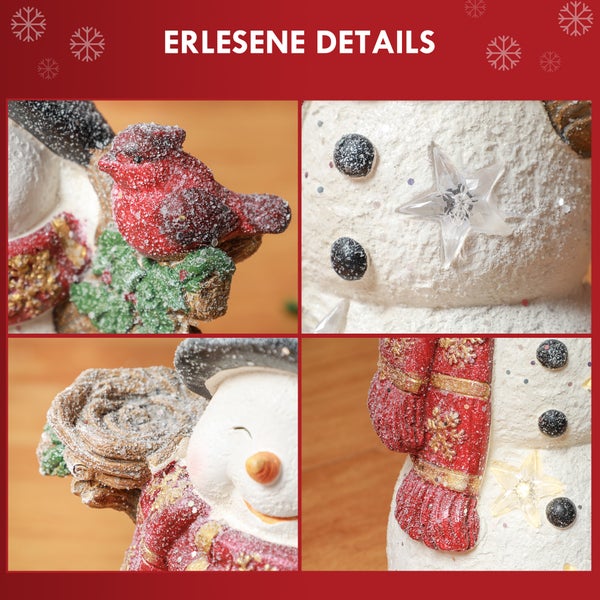 HOMCOM Weihnachtsdeko Figur, Schneemann mit Schals, Hüte und Vögel, 38 cm Weihnachtsfigur mit LED-Licht, Dekofigur zu Weihnachten, für In- und Outdoor