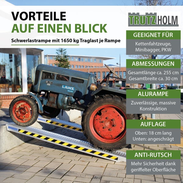 TrutzHolm Schwerlastrampe aus Aluminium mit 1650 Kilogramm Traglast, geeignet für Kettenfahrzeuge und Minibagger, 255 Zentimeter lang.