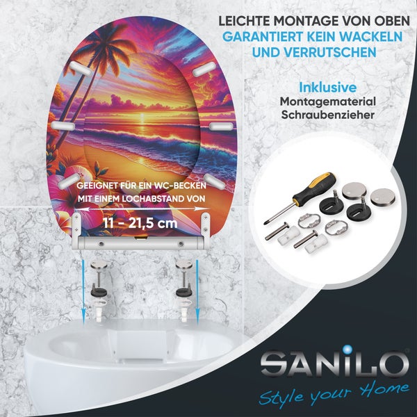 Sanilo WC-Sitz mit Strand-Motiv, inklusive Befestigungsmaterial und Schraubendreher zur einfachen Montage von oben auf Standard-WC-Becken.