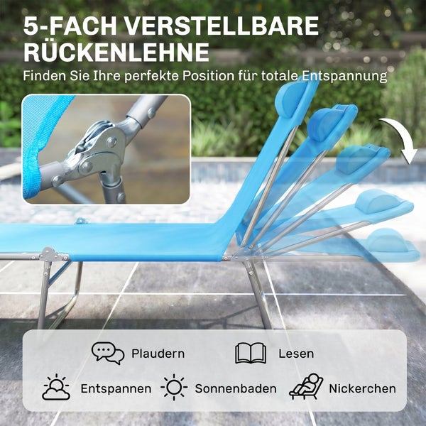 Blaue Gartenliege mit fünffach verstellbarer Rückenlehne, Aluminiumrahmen und Detailansicht des Gelenks.