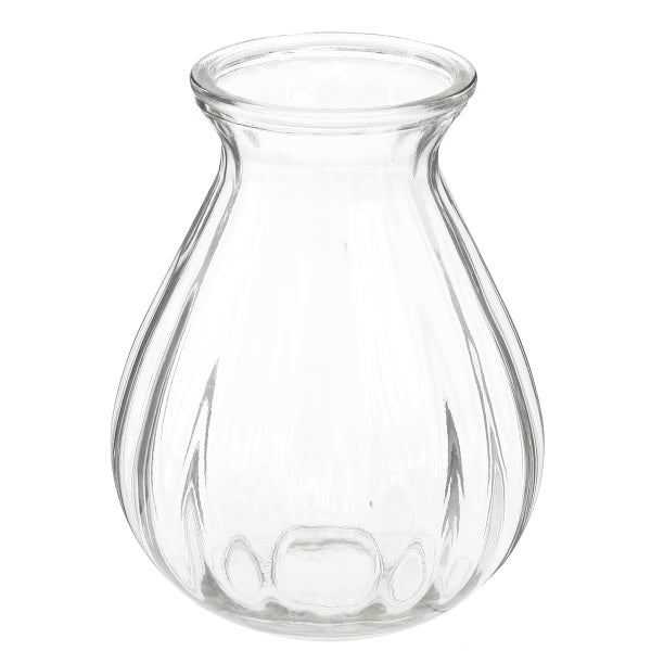 Transparente Glasvase mit gerippter Oberfläche und bauchiger Form.