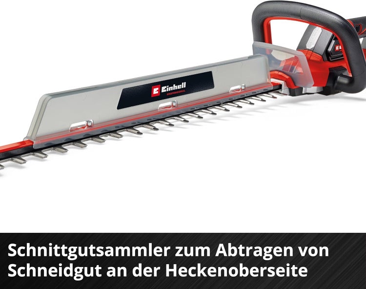 Einhell Heckenschere mit montiertem Schnittgutsammler auf dem Messer zum Abtragen von Schnittgut.