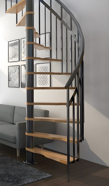 HandyStairs Wendeltreppe „Siena“ Ø 145 cm – Linksdrehend – 273 cm hoch – 12 Buchenstufen – Grau