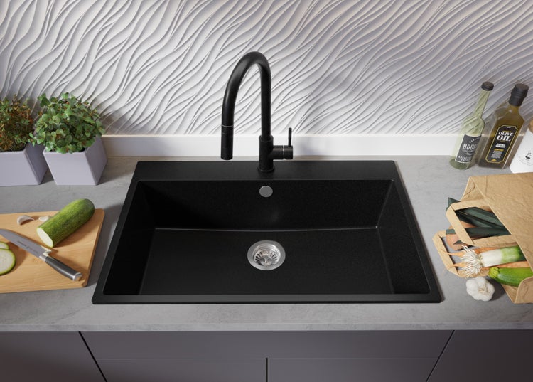 PRIMAGRAN Spülbecken Alles Schwarz 78x50cm, Granitspüle 1 Becken + Ablauf-Set, Küchenspüle ab 80er Unterschrank - Riga