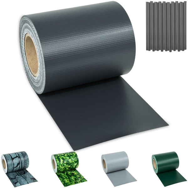 Sichtschutzstreifen auf Rolle aus PVC für Doppelstabmattenzäune in verschiedenen Farben und Mustern.