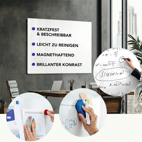 Whiteboard mit den Aufschriften kratzfest, beschreibbar, leicht zu reinigen, magnethaftend und brillanter Kontrast im Büro.