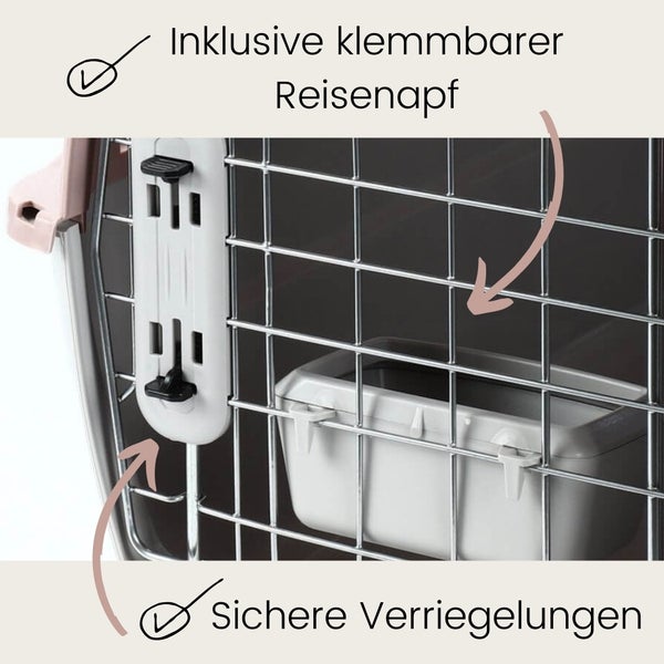 Detailansicht einer Transportbox für Tiere mit inklusivem, klemmbarem Reisenapf und sicheren Verriegelungen