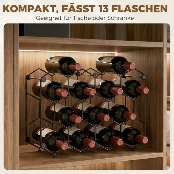 Kompaktes schwarzes Weinregal aus Metall für dreizehn Flaschen, stehend in einem hell beleuchteten Holzschrank.