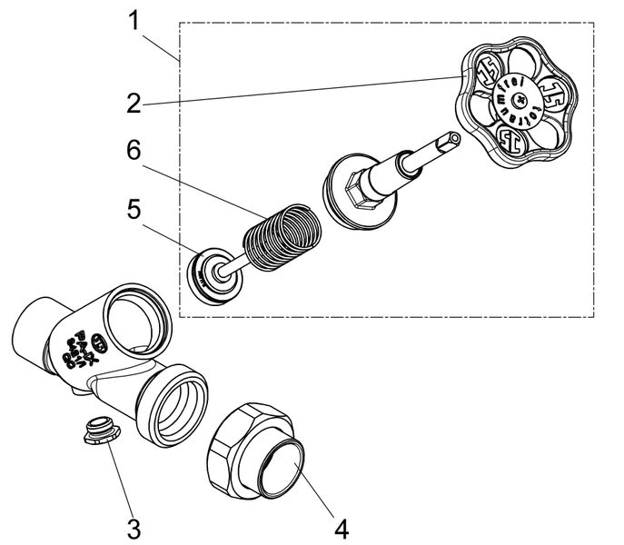 Explosionszeichnung einer Schrägsitzventil-Armatur mit nummerierten Einzelteilen wie Handrad, Feder und Ventilgehäuse.