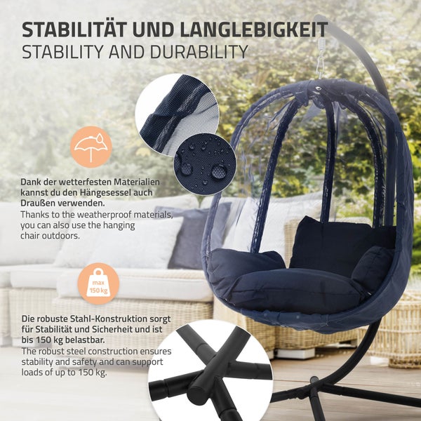 ML-Design Hängesessel mit Gestell und Sitzkissen + Abdeckung, Navyblau, Indoor & Outdoor, Hängesesselgestell mit Hängestuhl und Schutzhülle, Hängekorb Gestell aus Stahl, Garten & Balkon Hängeschaukel
