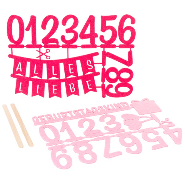 Filz-Kuchendekorations-Set mit Zahlen von null bis neun, Banner Alles Liebe, Schriftzug Geburtstagskind und zwei Holzstäben.
