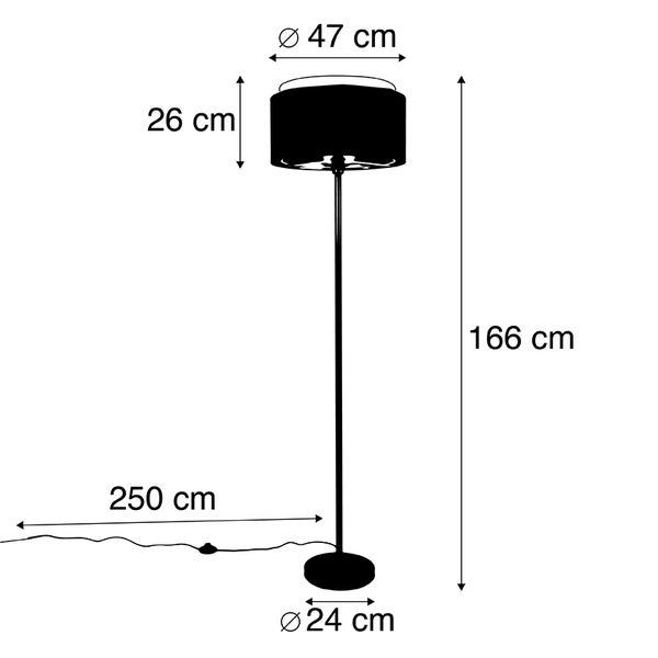Abbildung einer Stehlampe mit den Maßen 166 cm Höhe, 47 cm Lampenschirmdurchmesser und 24 cm Fußdurchmesser.
