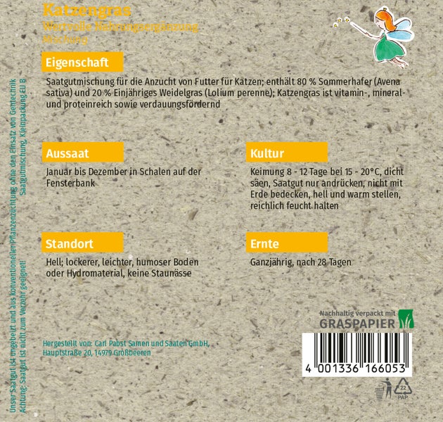 Rückseite der Samenpackung für Katzengras mit Hinweisen zu Aussaat, Kultur und Ernte auf nachhaltigem Graspapier.