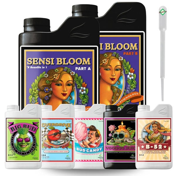 Advanced Nutrients Dünger-Set inklusive Sensi Bloom, Big Bud, Overdrive, Bud Candy, Voodoo Juice, B-52 und Pipette für Pflanzen.