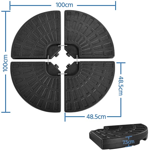 Vierteiliger Sonnenschirmständer aus Kunststoff mit Maßangaben