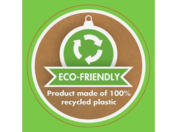 Umweltsymbol für ein Produkt, das zu 100 Prozent aus recyceltem Kunststoff hergestellt wurde.