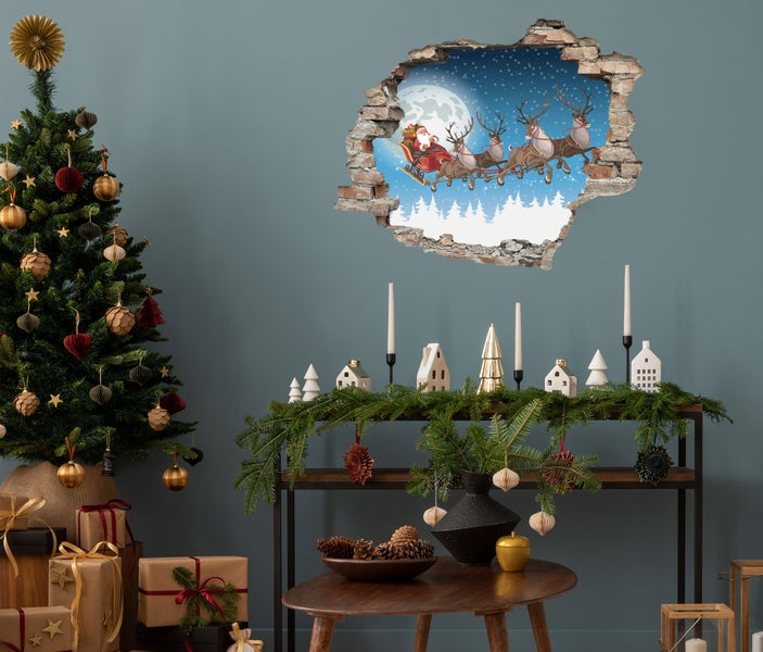 3D Wanddurchbruch  selbstklebender Sticker Fliegender Weihnachtsmann WS16029_60x50 cm  Weihnachten Deko für die Wand