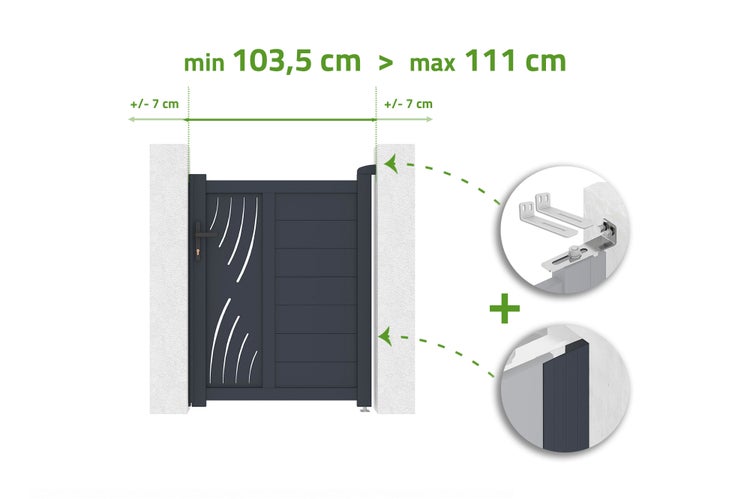 Verstellbare Aluminium-Gartenpforte mit Maßen von minimal 103,5 Zentimeter bis maximal 111 Zentimeter und Montagematerial.