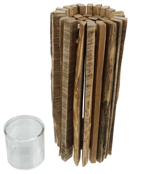 FRANK FLECHTWAREN | Windlicht Stakete, groß, HOLZ, Ø 18 x 55 cm, Glas Ø 12 x 12 cm, ohne Kerze