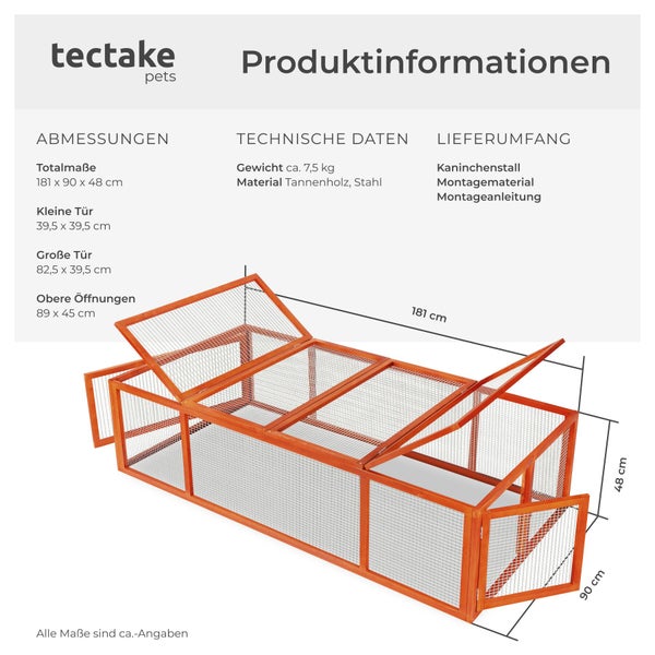 Tectake Logo und technische Zeichnung eines Kaninchenstalls aus Holz mit Drahtgitter inklusive Abmessungen und Lieferumfang.