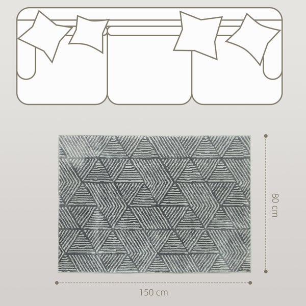 Rechteckiger Teppich mit geometrischem Muster aus gestreiften Dreiecken, Maße 80 Zentimeter mal 150 Zentimeter, Grafik mit Sofa-Umriss.