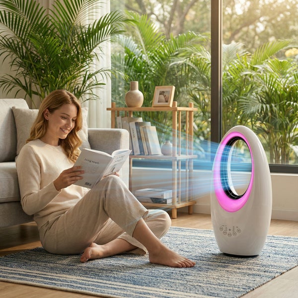 Eine Frau sitzt lesend auf einem Teppich in einem hellen Wohnzimmer neben einem modernen rotorlosen Ventilator mit Beleuchtung.